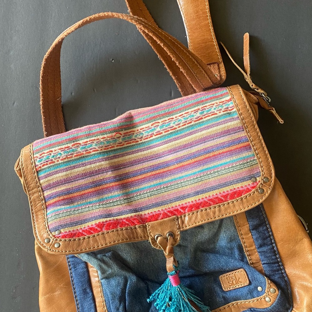 The Sak Multicolor Striped Canvas & Tan Leather Backpack with Blue Denim Accents